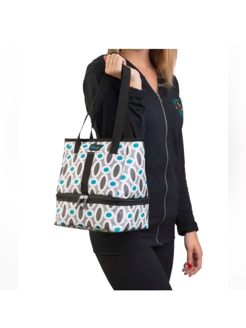 Insulated Patterned Tote Lunch Bag - White Gray Teal